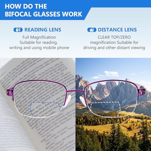 DEHOTRE Bifocal Reading Glasses for Women Clear Zero Top Half Metal Rim Blue Light Blocking Computer Readers Soft Nose Pad Purple 2.50 - Image 2