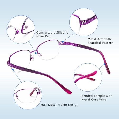 DEHOTRE Bifocal Reading Glasses for Women Clear Zero Top Half Metal Rim Blue Light Blocking Computer Readers Soft Nose Pad Purple 2.50 - Image 3
