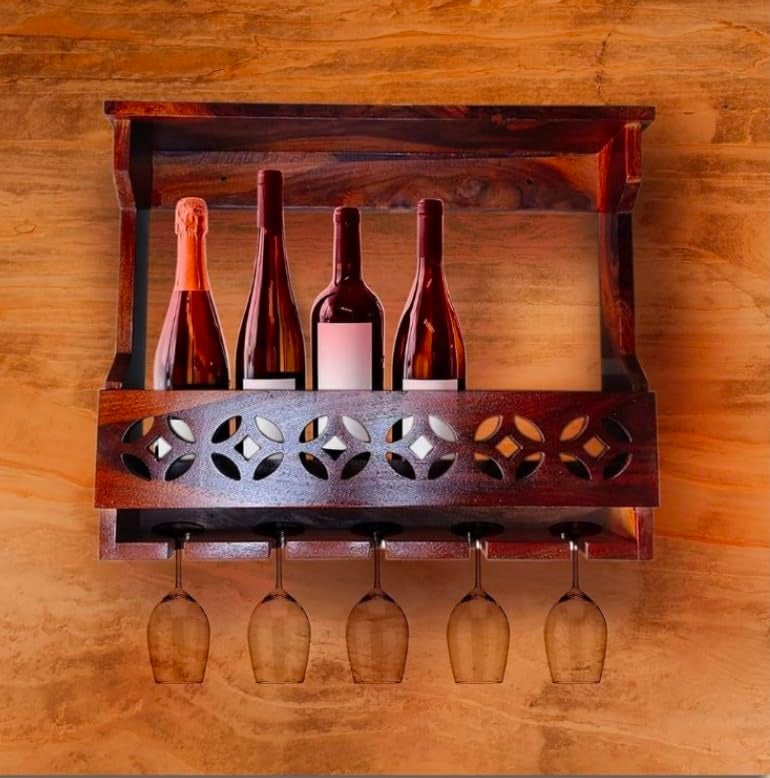IThree solid sheesham wood Wine RackWine Glass Holder Wall Mini barDesigner barbar cabinets for Home Wall Hanging Desgin bar Wall Mounted bar ShelfMini bar for Home - Image 3