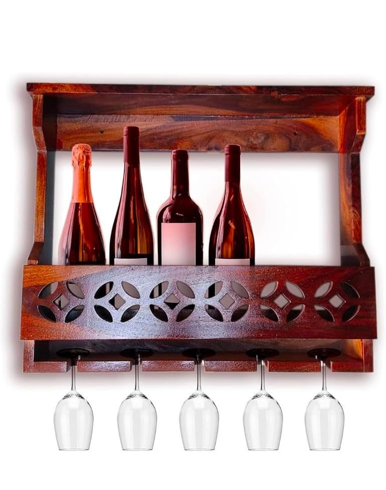 IThree solid sheesham wood Wine RackWine Glass Holder Wall Mini barDesigner barbar cabinets for Home Wall Hanging Desgin bar Wall Mounted bar ShelfMini bar for Home - Image 2