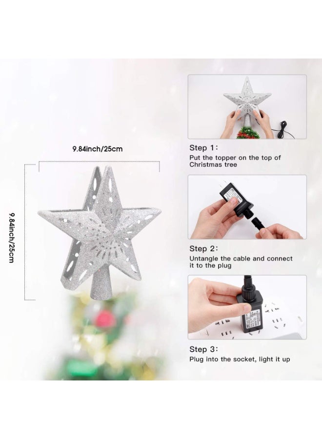VUCATIN Christmas Star Tree Topper with Built-in Led Snowflake Projector Lights Hollowed Pentagram Tree Topper Plug in Christmas Tree Ornament for Indoor Xmas New Year Holiday Tree Decoration Sliver - Image 5