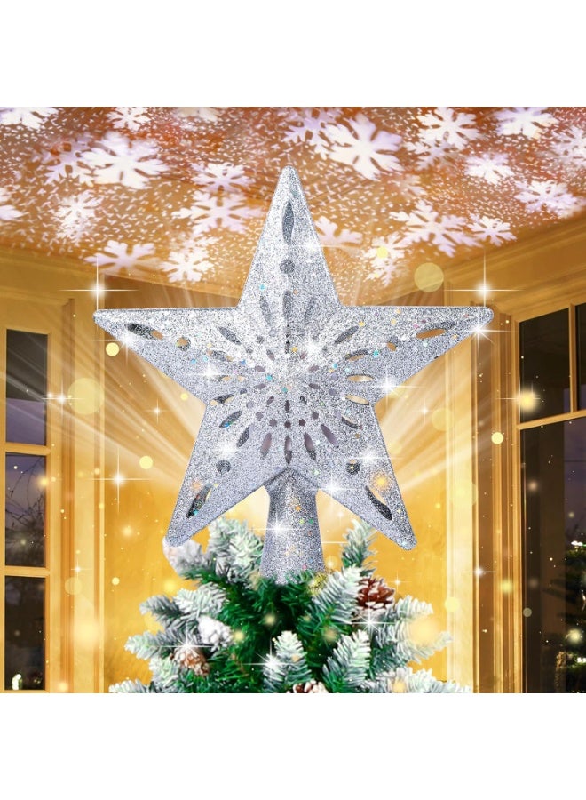 VUCATIN Christmas Star Tree Topper with Built-in Led Snowflake Projector Lights Hollowed Pentagram Tree Topper Plug in Christmas Tree Ornament for Indoor Xmas New Year Holiday Tree Decoration Sliver - Image 1