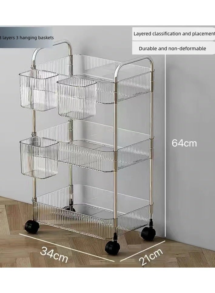 3-layer Transparent Light Luxury Trolley, Snack Rack,Bookshelf,Mobile Kitchen Basket,Bathroom Storage Rack,34×21×64 CM - Image 3