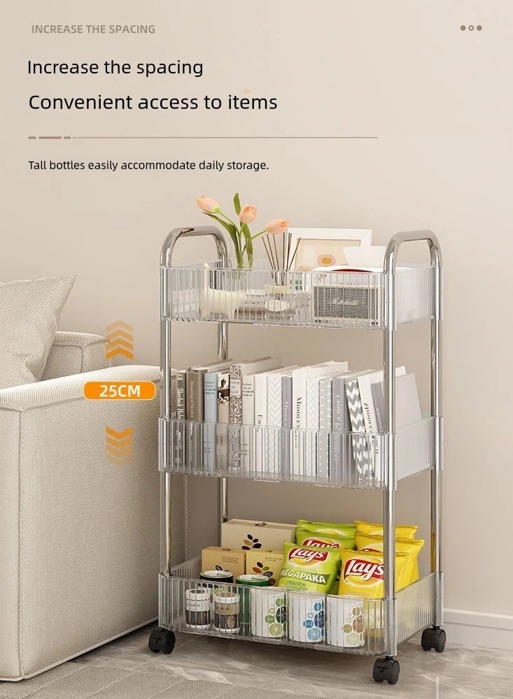 3-layer Transparent Light Luxury Trolley, Snack Rack,Bookshelf,Mobile Kitchen Basket,Bathroom Storage Rack,34×21×64 CM - Image 4