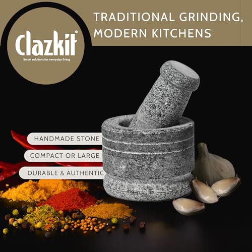 Clazkit Oothukuli Stone Mortar and Pestle Set – 3 Inch Okhli/Khalbatta/Idi Kallu – Traditional Hand Grinder for Chutney, Spices, Herbs & Ginger-Garlic Crushing – Grey - Image 2