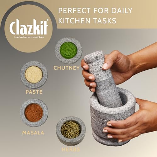 Clazkit Oothukuli Stone Mortar and Pestle Set – 3 Inch Okhli/Khalbatta/Idi Kallu – Traditional Hand Grinder for Chutney, Spices, Herbs & Ginger-Garlic Crushing – Grey - Image 3