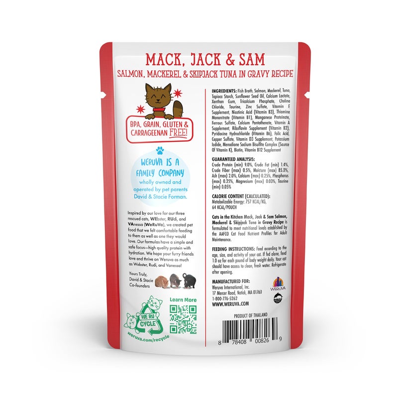 Weruva Cats in The Kitchen Mack, Jack & Sam with Mackerel, Skipjack & Salmon in Gravy Cat Food, 3oz Pouch (Pack of 12) - Image 3