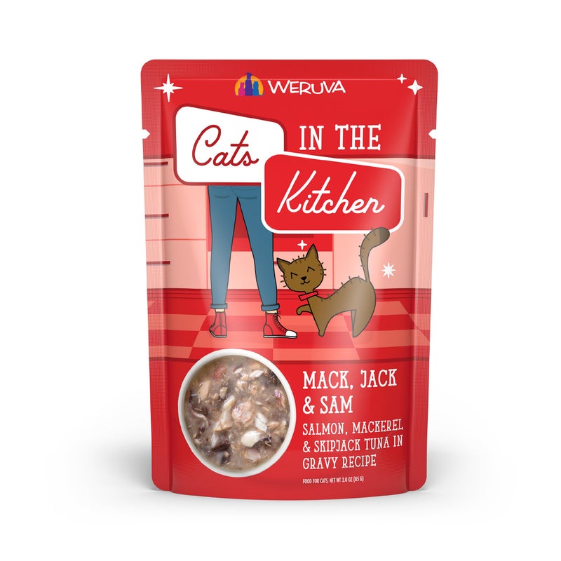 Weruva Cats in The Kitchen Mack, Jack & Sam with Mackerel, Skipjack & Salmon in Gravy Cat Food, 3oz Pouch (Pack of 12) - Image 1