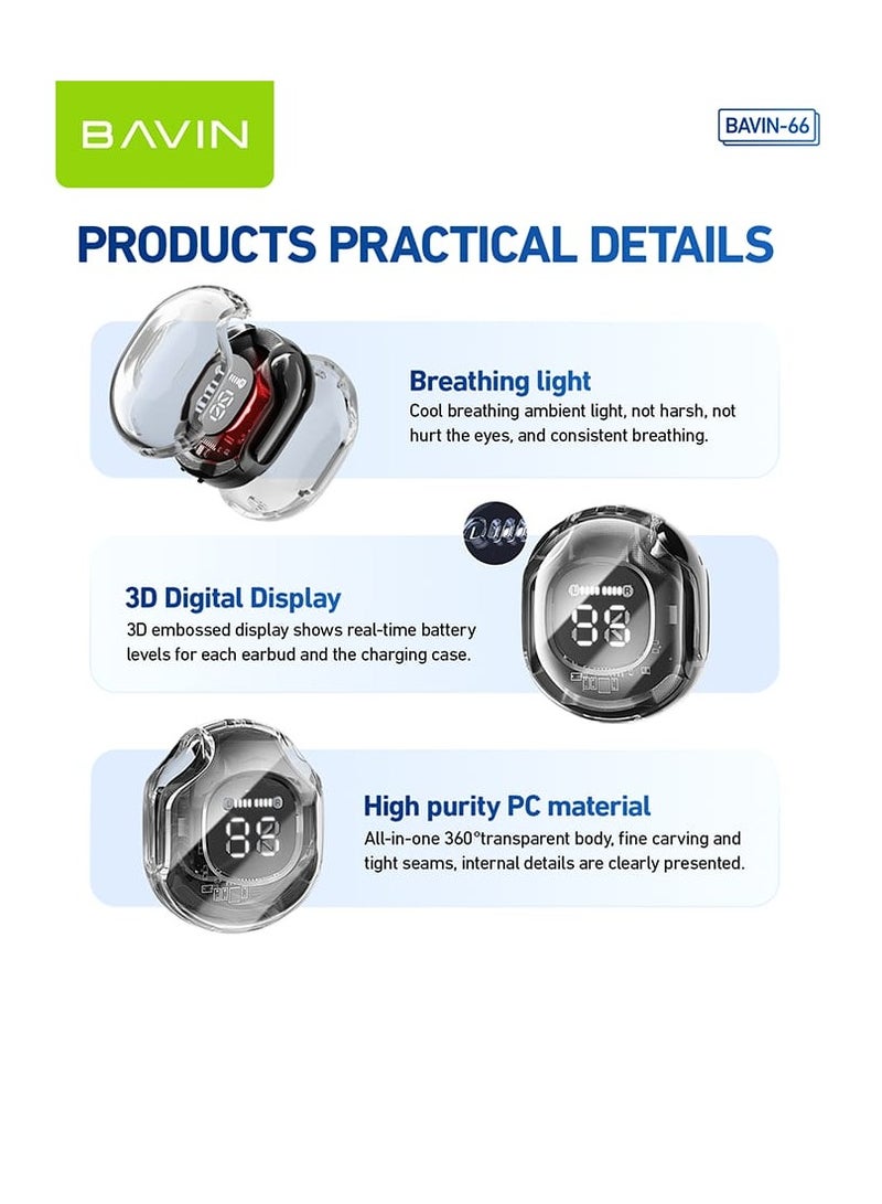 BAVIN BA66 HiFi TWS Earphone Wireless Bluetooth 5.3 Headphones Stereo Audio Sounds W/ Built-In Microphone - Image 3