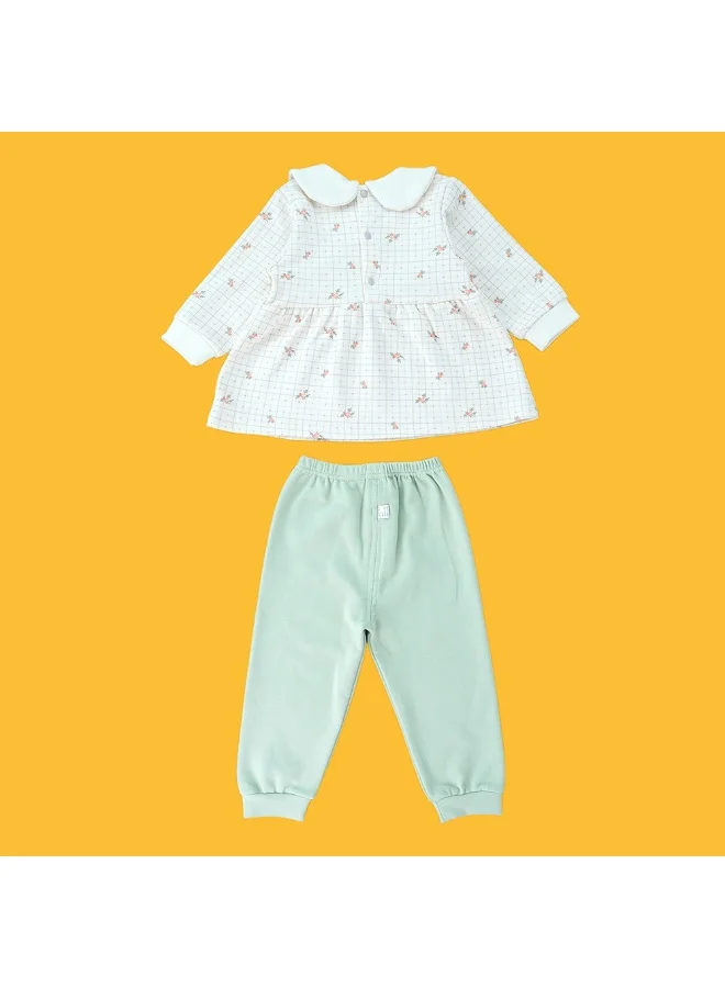LITTLE SURPRISE BOX 2pcs Light Green Little Florals and Bows Long Frock style Top with matching full Pants
