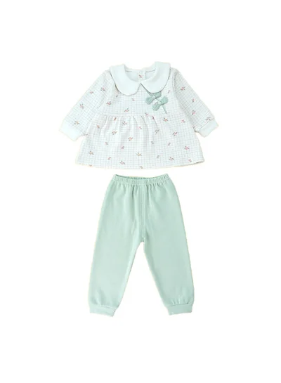 LITTLE SURPRISE BOX 2pcs Light Green Little Florals and Bows Long Frock style Top with matching full Pants