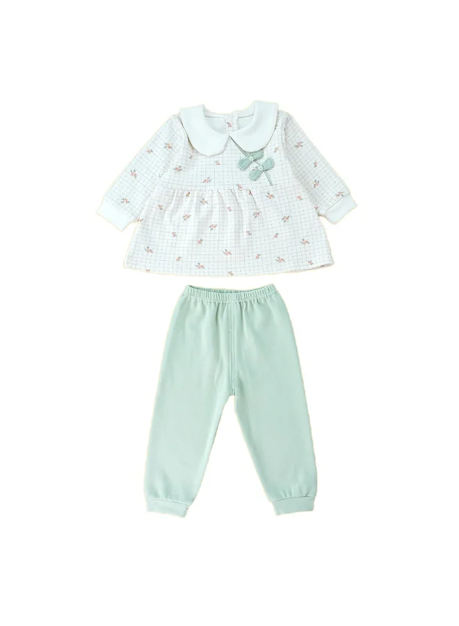 LITTLE SURPRISE BOX 2pcs Light Green Little Florals and Bows Long Frock style Top with matching full Pants