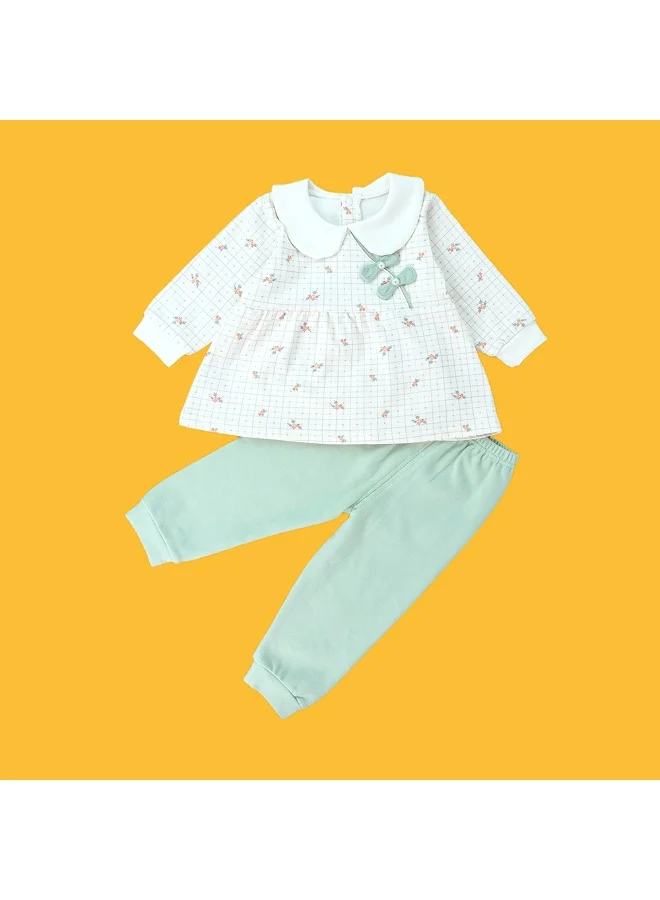 LITTLE SURPRISE BOX 2pcs Light Green Little Florals and Bows Long Frock style Top with matching full Pants