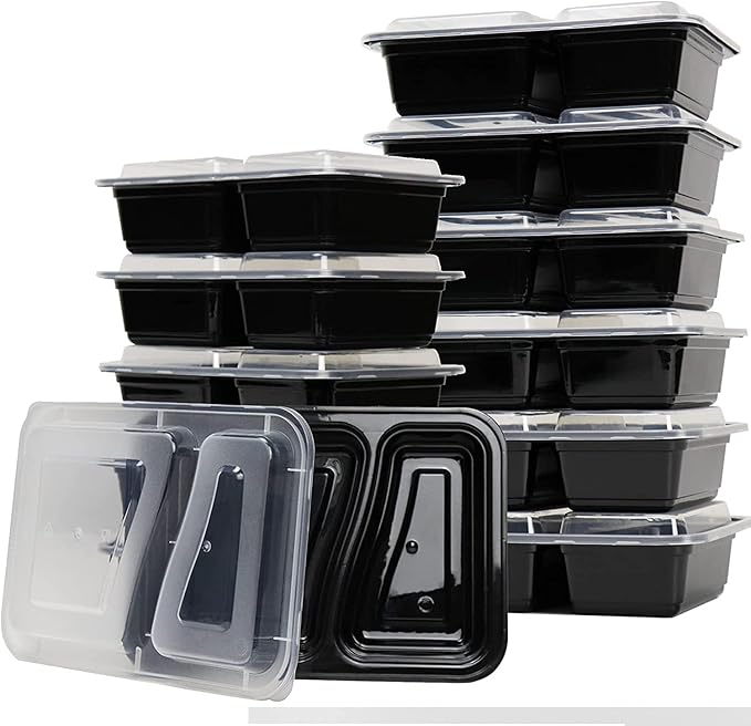 البيادر صحن بلاستيك حراري مستطيل أسود-10 حبه- 32 أونص مقسم إلى خانتين مع غطاء شفاف – حاويات طعام متينة ومضادة للتسرب - Image 2