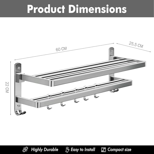 Pivalo Heavy-Duty 304 Grade Stainless Steel Dual Folding Towel Rack for Bathroom 24 Inch Towel Hanger/Towel Holder/Stand/Towel Bar/Bathroom Accessories (Chrome) - Image 3