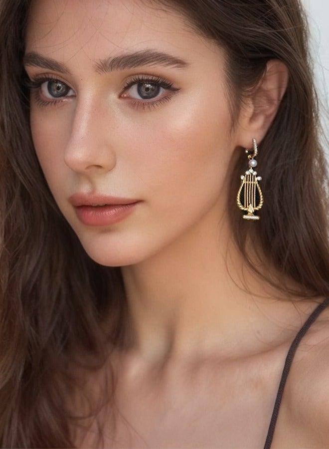 Harp-shape Pearl Earrings Zircon Studs - Image 3