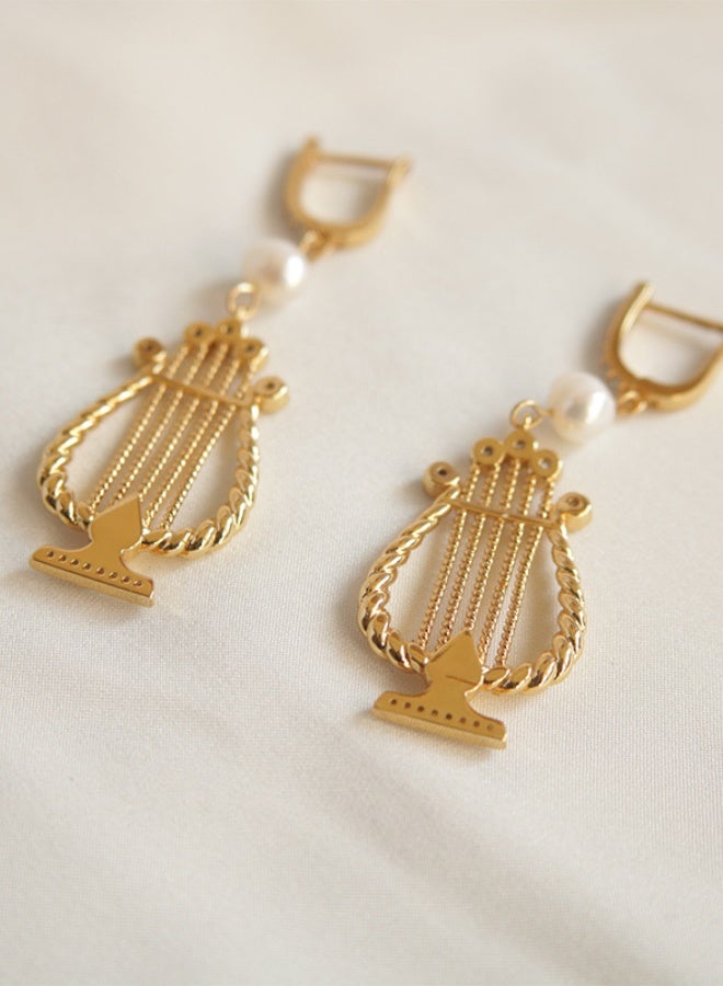 Harp-shape Pearl Earrings Zircon Studs - Image 1