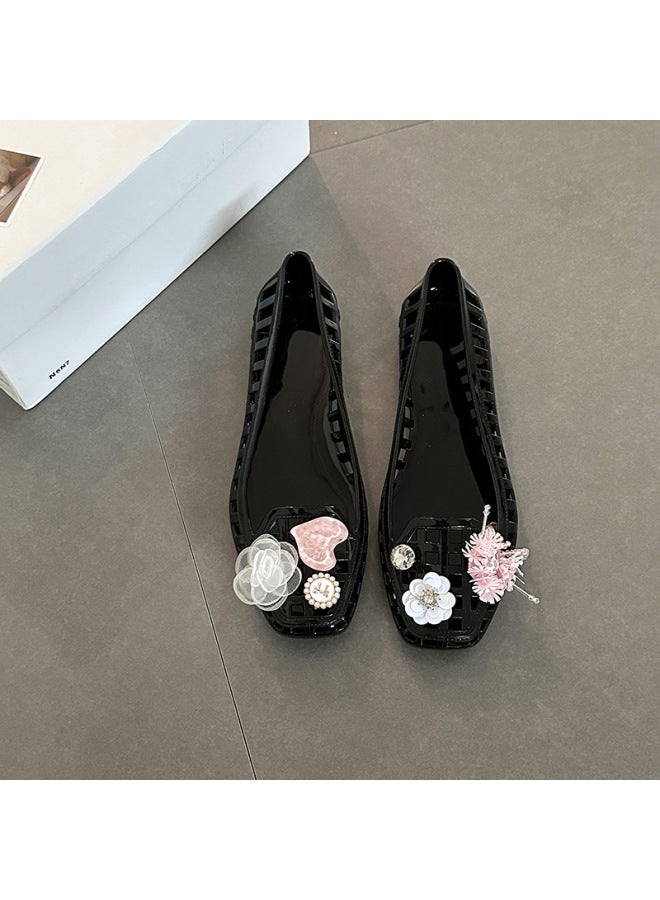 Versatile Casual Hollow Sequin Flower Square-toe Sandals Summer Fashion Jelly Shoes Clogs Flat Shallow Mouth Single Shoes