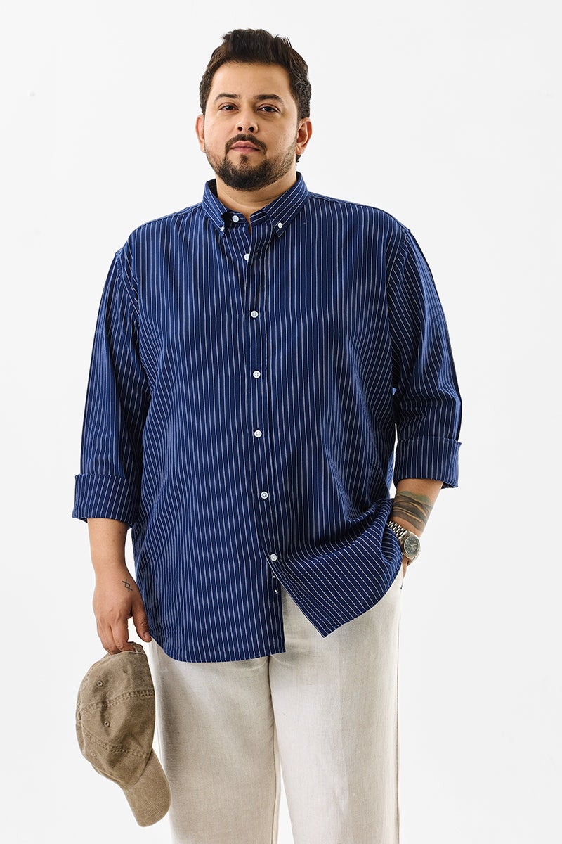 SNITCH Lining Dark Blue Stripes Plus Size Shirts - Image 5