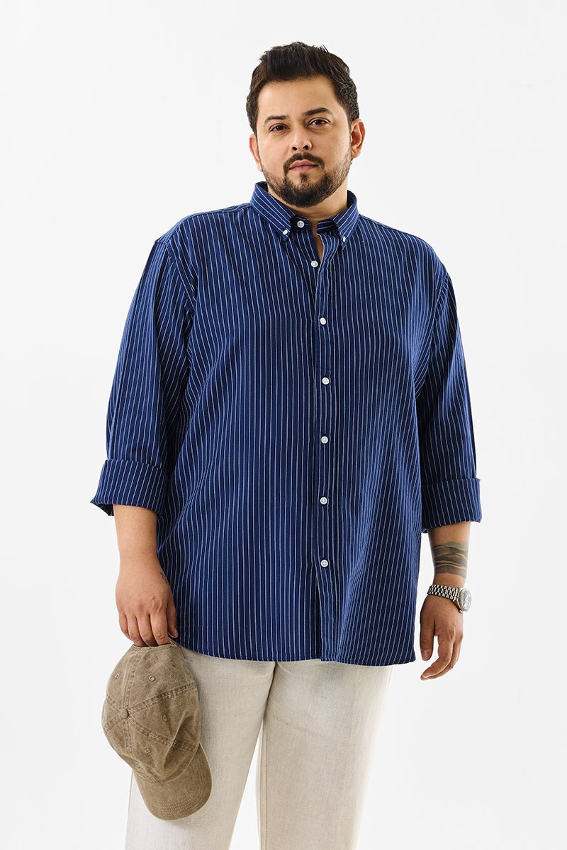 SNITCH Lining Dark Blue Stripes Plus Size Shirts - Image 1