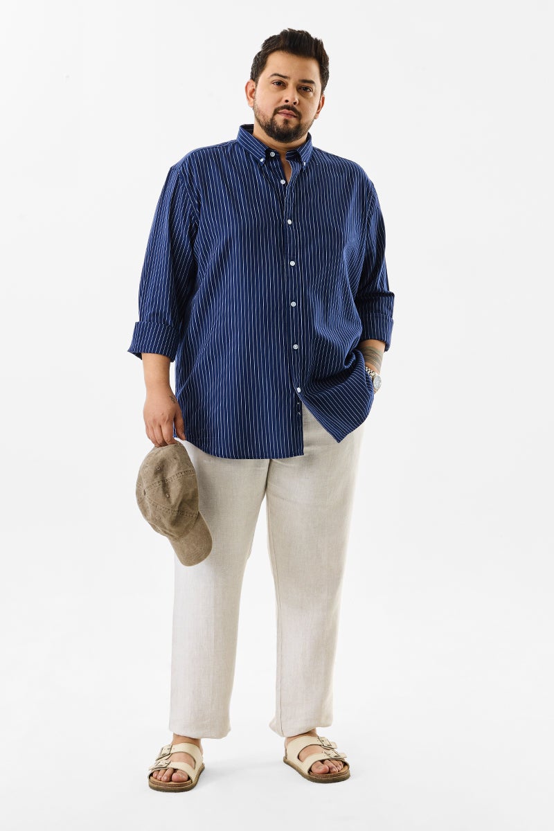 SNITCH Lining Dark Blue Stripes Plus Size Shirts - Image 3