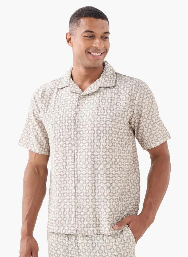 Emperor Emperor Regular Fit Printed Shirt with Camp Collar and Short Sleeves