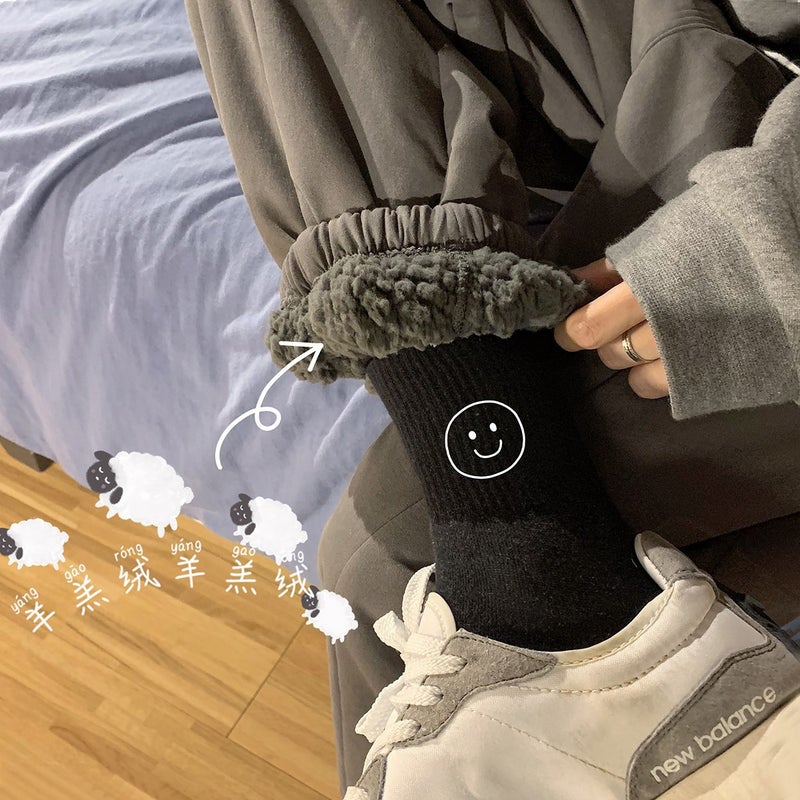 Warm Sherpa Lined Casual Trousers dark gray lamb fleece