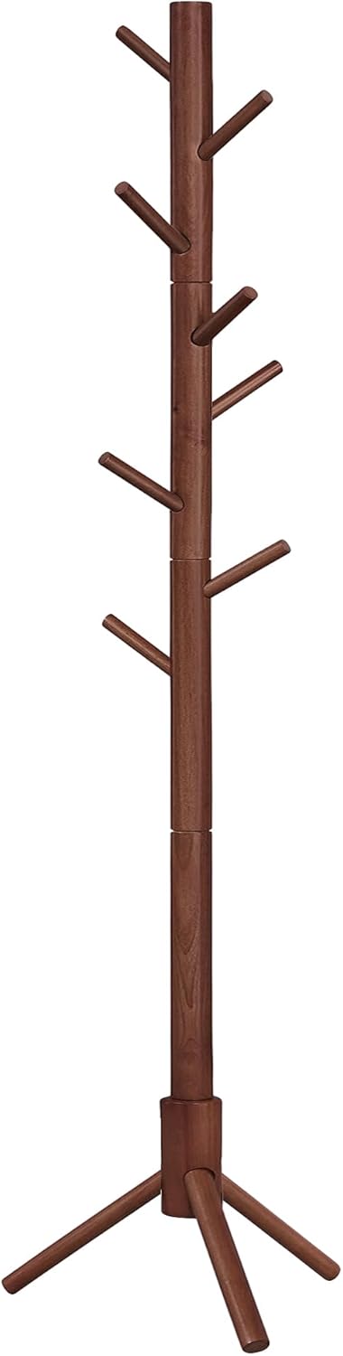 VASAGLE Solid Wood Coat Rack, Free Standing Coat Rack, Tree-Shaped Coat Rack with 8 Hooks, 3 Height Options, for Clothes, Hats, Bags, for Living Room, Bedroom, Home Office, Dark Walnut - Image 1