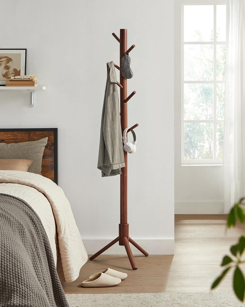 VASAGLE Solid Wood Coat Rack, Free Standing Coat Rack, Tree-Shaped Coat Rack with 8 Hooks, 3 Height Options, for Clothes, Hats, Bags, for Living Room, Bedroom, Home Office, Dark Walnut - Image 3