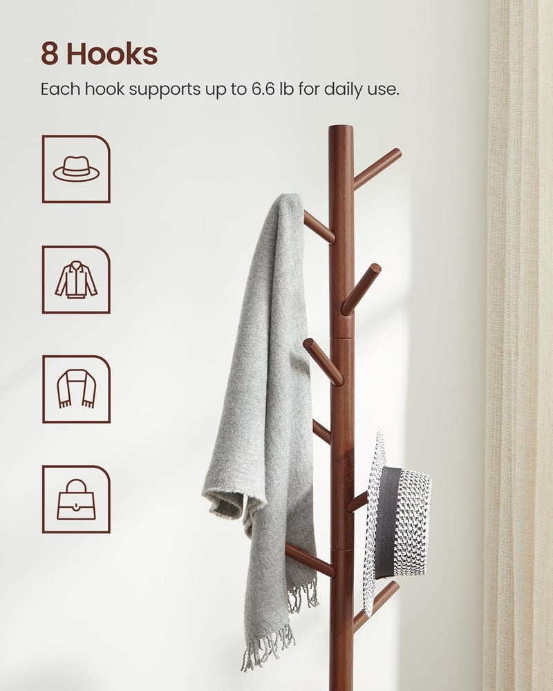 VASAGLE Solid Wood Coat Rack, Free Standing Coat Rack, Tree-Shaped Coat Rack with 8 Hooks, 3 Height Options, for Clothes, Hats, Bags, for Living Room, Bedroom, Home Office, Dark Walnut - Image 4