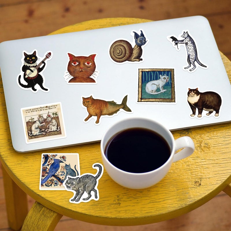 YOKSAS 50pcs Medieval Ugly Cat Stickers â€“ Vintage Gothic Manuscript Funny Kitty Decals, Waterproof Vinyl Stickers for Scrapbook, Laptop, Journal, Aesthetic Weird Cat Lovers Gifts - Image 4