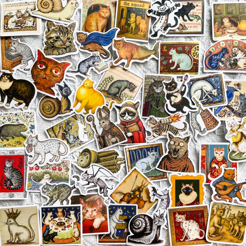 YOKSAS 50pcs Medieval Ugly Cat Stickers â€“ Vintage Gothic Manuscript Funny Kitty Decals, Waterproof Vinyl Stickers for Scrapbook, Laptop, Journal, Aesthetic Weird Cat Lovers Gifts - Image 1