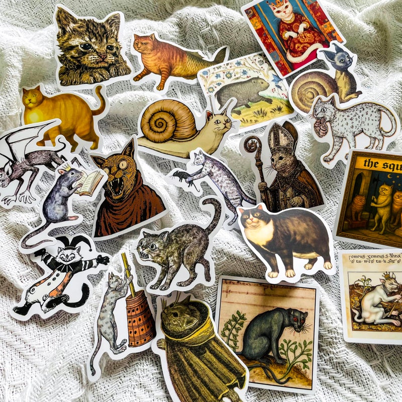 YOKSAS 50pcs Medieval Ugly Cat Stickers â€“ Vintage Gothic Manuscript Funny Kitty Decals, Waterproof Vinyl Stickers for Scrapbook, Laptop, Journal, Aesthetic Weird Cat Lovers Gifts - Image 2