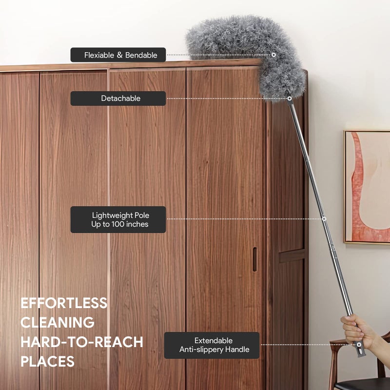 DELUX Microfiber Feather Duster,7 PCS Reusable Bendable Washable Cobweb Duster with 100 inches Extra Long Extension Pole for Cleaning Ceiling Fan, High Ceiling, Blinds, Furniture & Cars - Image 2