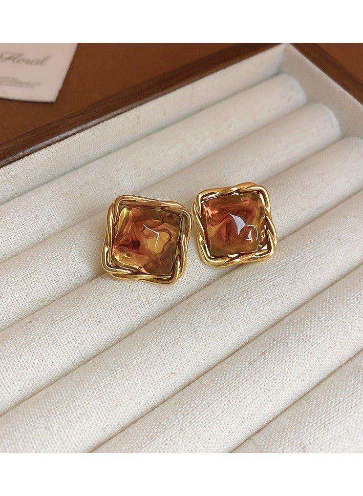 YOJO 925 Sterling Silver Irregular Brown Metal Resin Studs Earrings in Vintage Style for Women and Girls, Comes with a Gift Box - Everyday Fashion Jewelry  - Image 3