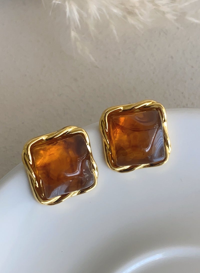 YOJO 925 Sterling Silver Irregular Brown Metal Resin Studs Earrings in Vintage Style for Women and Girls, Comes with a Gift Box - Everyday Fashion Jewelry  - Image 1