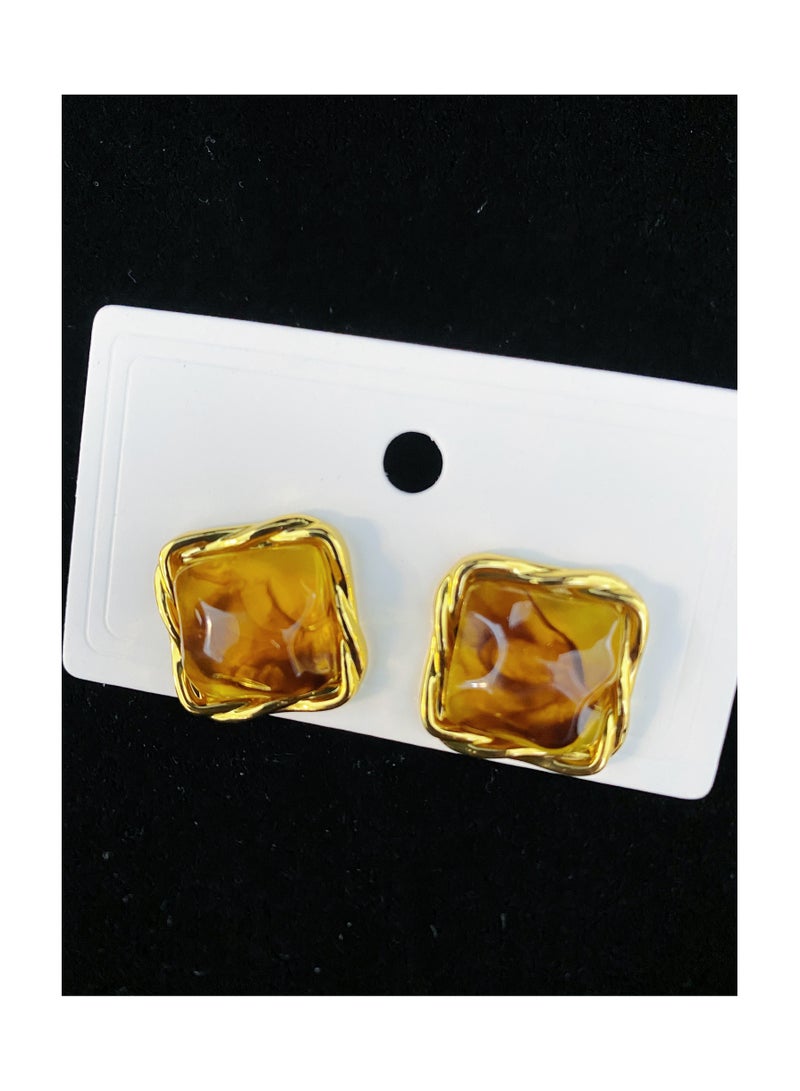 YOJO 925 Sterling Silver Irregular Brown Metal Resin Studs Earrings in Vintage Style for Women and Girls, Comes with a Gift Box - Everyday Fashion Jewelry  - Image 2