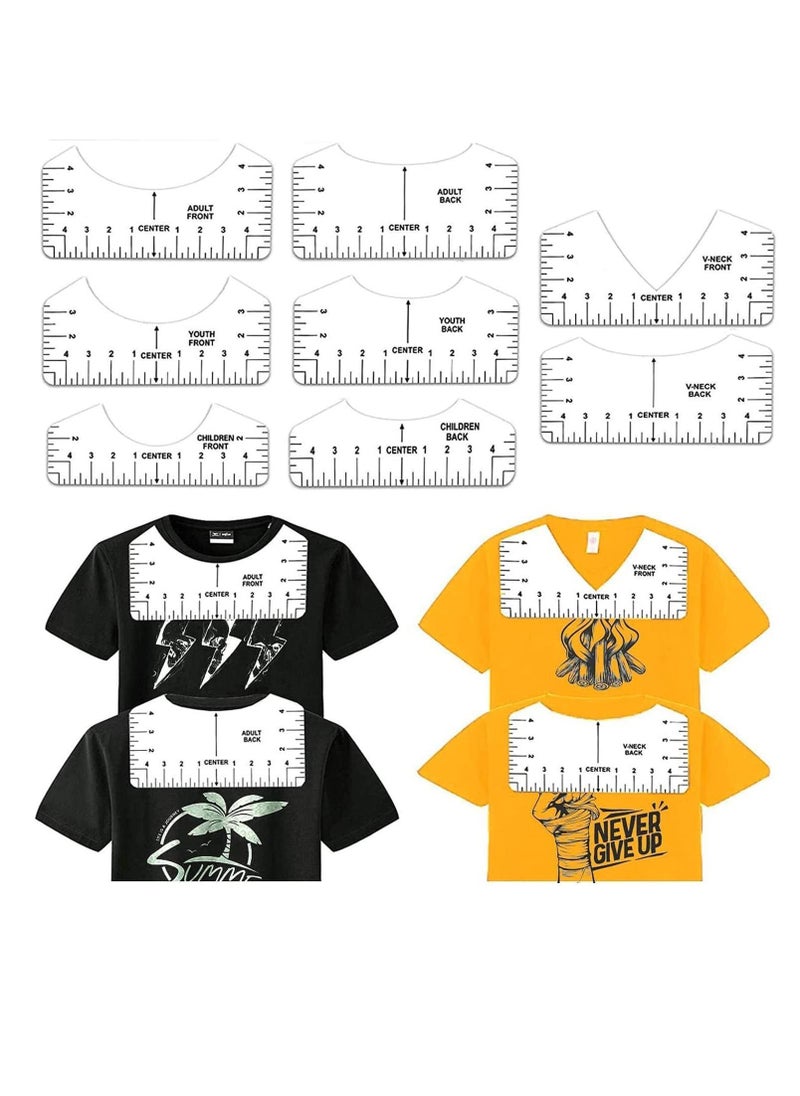 Y&D - 8 Pack White T-Shirt Ruler Guide Set for Heat Transfer Vinyl Tshirt Alignment Center Designs, Round and V-Neck, Front Back Meet Your Needs, 3 Size Suitable All Ages - Image 1