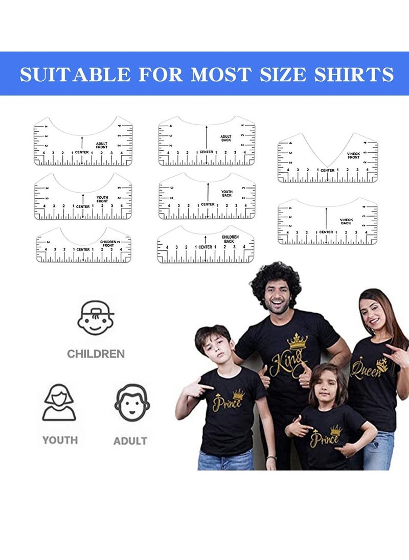 Y&D - 8 Pack White T-Shirt Ruler Guide Set for Heat Transfer Vinyl Tshirt Alignment Center Designs, Round and V-Neck, Front Back Meet Your Needs, 3 Size Suitable All Ages - Image 1