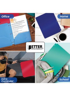 Better Office Products 3 Hole Punch Pocket Folders Bulk Pack Sturdy Plastic 2 Pocket Folders Assorted Primary Colors Letter Size With Business Card Slot (6 Pack)  - Image 5