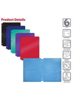 Better Office Products 3 Hole Punch Pocket Folders Bulk Pack Sturdy Plastic 2 Pocket Folders Assorted Primary Colors Letter Size With Business Card Slot (6 Pack)  - Image 3
