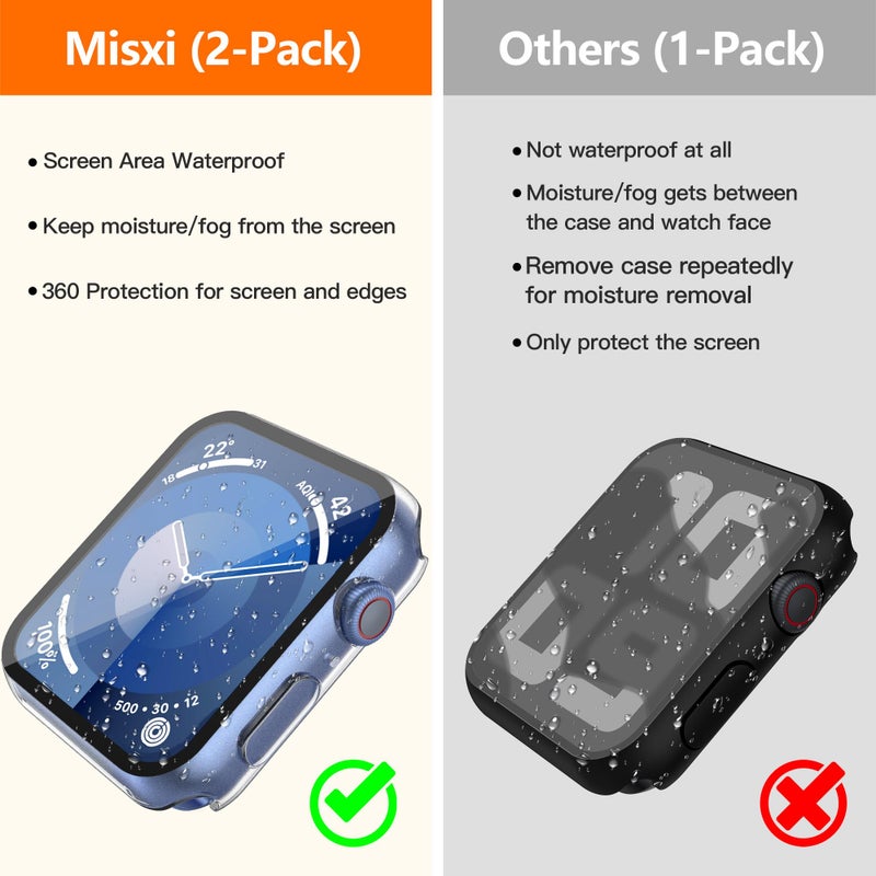 Misxi [2 Pack Waterproof Hard Case with Tempered Glass Compatible with Apple Watch Series 9 (2023) Series 8 Series 7 45mm, Ultra-Thin Tough Cover for iWatch Screen Protector, Matte Transparent - Image 2