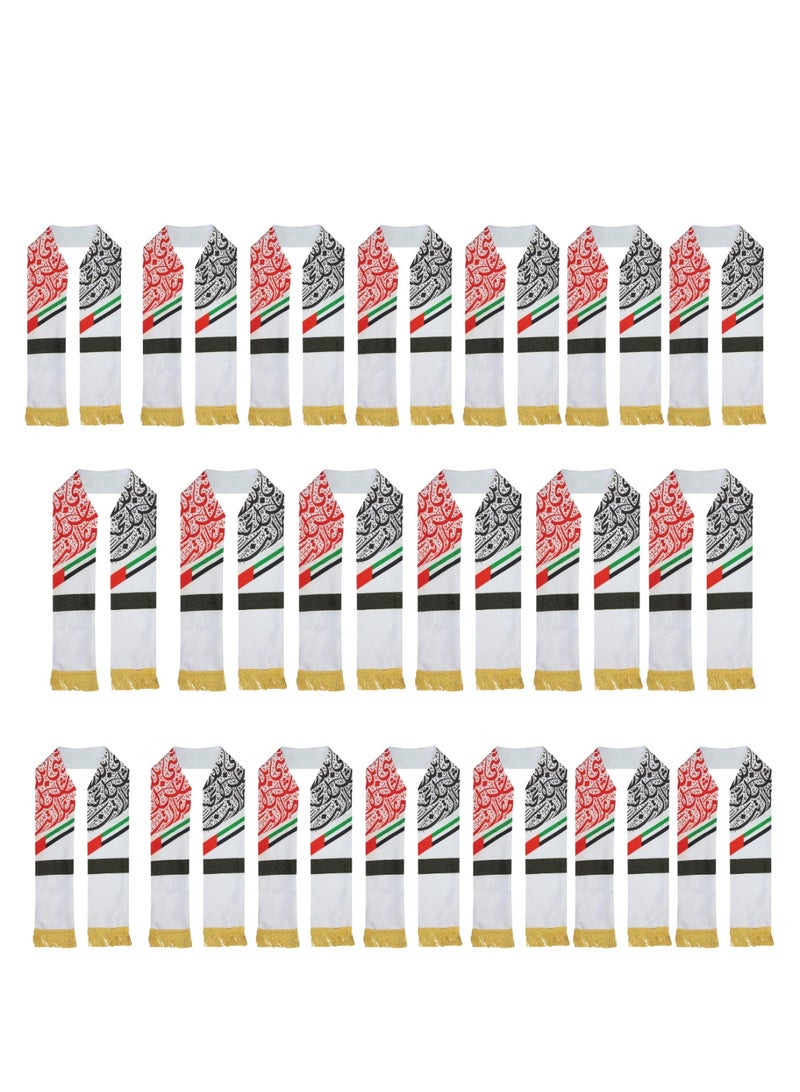 وشاح ساتان لليوم الوطني لدولة الإمارات العربية المتحدة (٢٠ قطعة) | تصميم شرق أوسطي تقليدي مع شرابات ذهبية | المقاس: ١٤٥ × ١٥ سم | أسود وأبيض - Image 1
