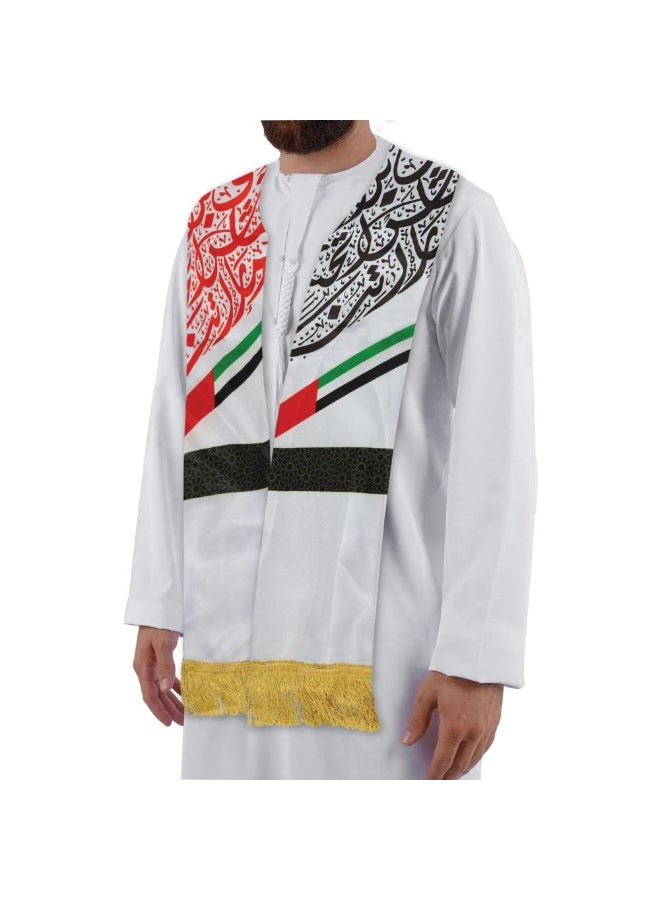 وشاح ساتان لليوم الوطني لدولة الإمارات العربية المتحدة (٢٠ قطعة) | تصميم شرق أوسطي تقليدي مع شرابات ذهبية | المقاس: ١٤٥ × ١٥ سم | أسود وأبيض - Image 4