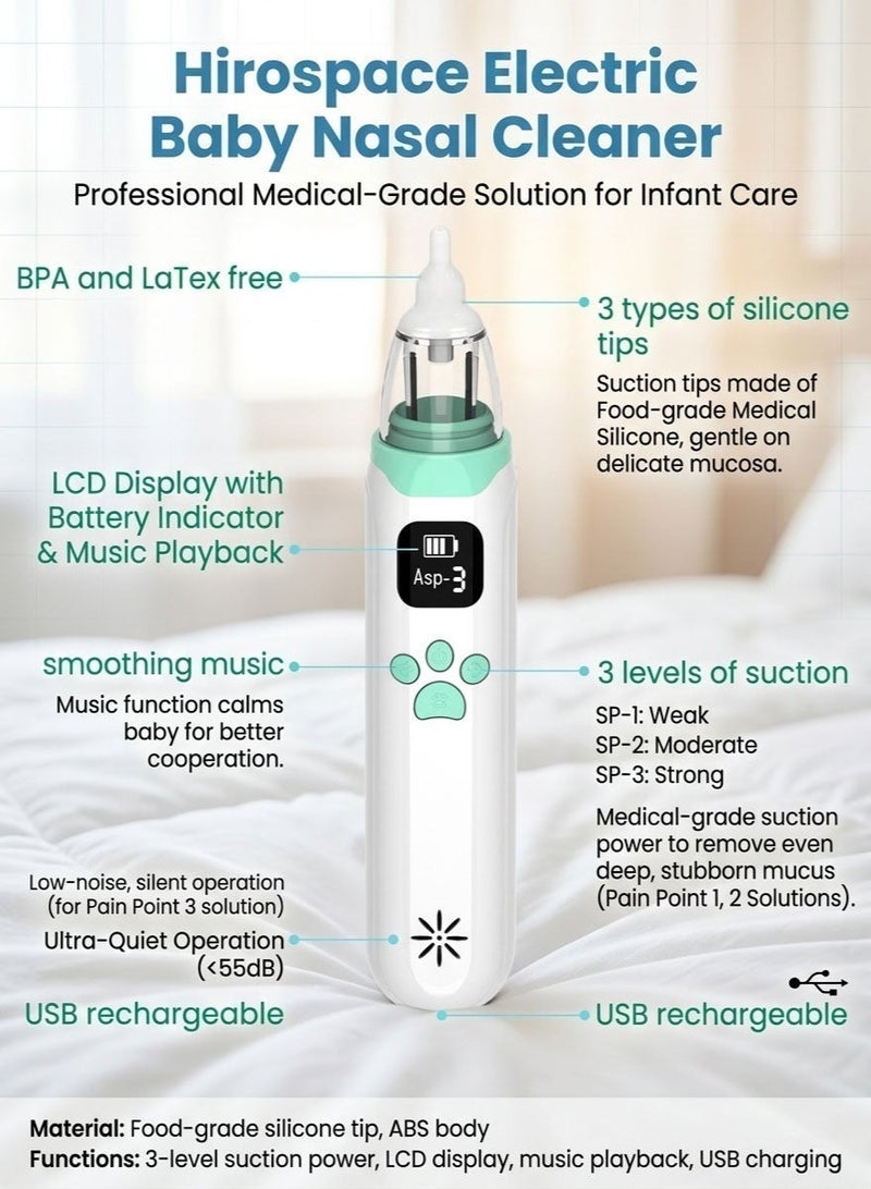 Hirospace Baby Electric Nasal Aspirator, Nose Sucker for Infants Toddlers, 3-Speed Adjustable, Rechargeable Nasal Cleaner with Soft Tips & Music Function - Image 3