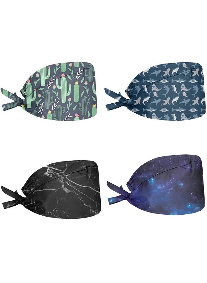 Babrukda - 4Pcs Set Hat Cap For Women Men Adjustable Strap Back Tie Hats Universal Head Hair Cover Turban Hats With Sweatband Outdoor Indoor Headgear, Tropical Cactus Shark Marble Texture Galaxy Space - Image 1