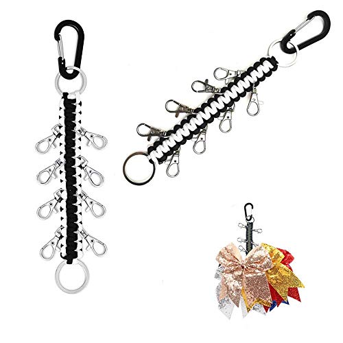 DODXIAOBEUL 10 Inch Paracord Handmade Cheer Bows Holder 2 Pack & 16 Lobster Clasp,Paracord Keychain for Teen Girls Cheerleader Sports (Black & White) - Image 1