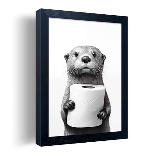 Melpa Art Framed Animal Bathroom Wall Art Funny Bathroom Wall Decor Toilet Paper in Raccoons Hand Black and White Canvas Print Picture Artwork for Hme - Image 1