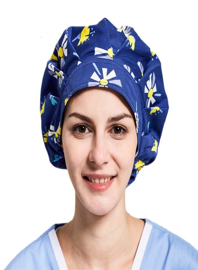 XINFU 1pc Women's Bouffant Scrub Cap for Long Hair Ladies, Navy Dandelion, Free size - Image 1