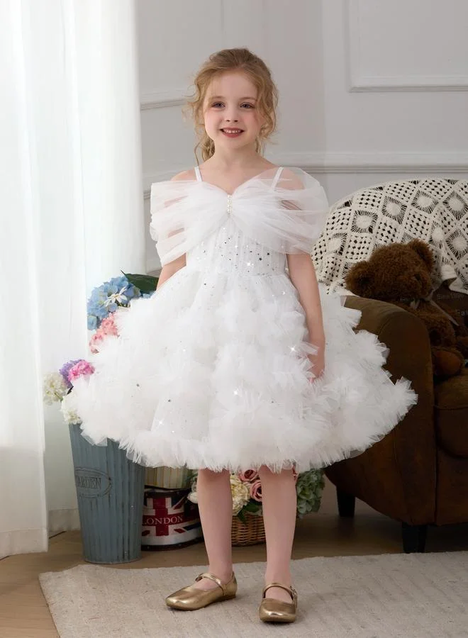 Take Two Girls White Sequin Embellished Tulle Details A-Line Midi Dress